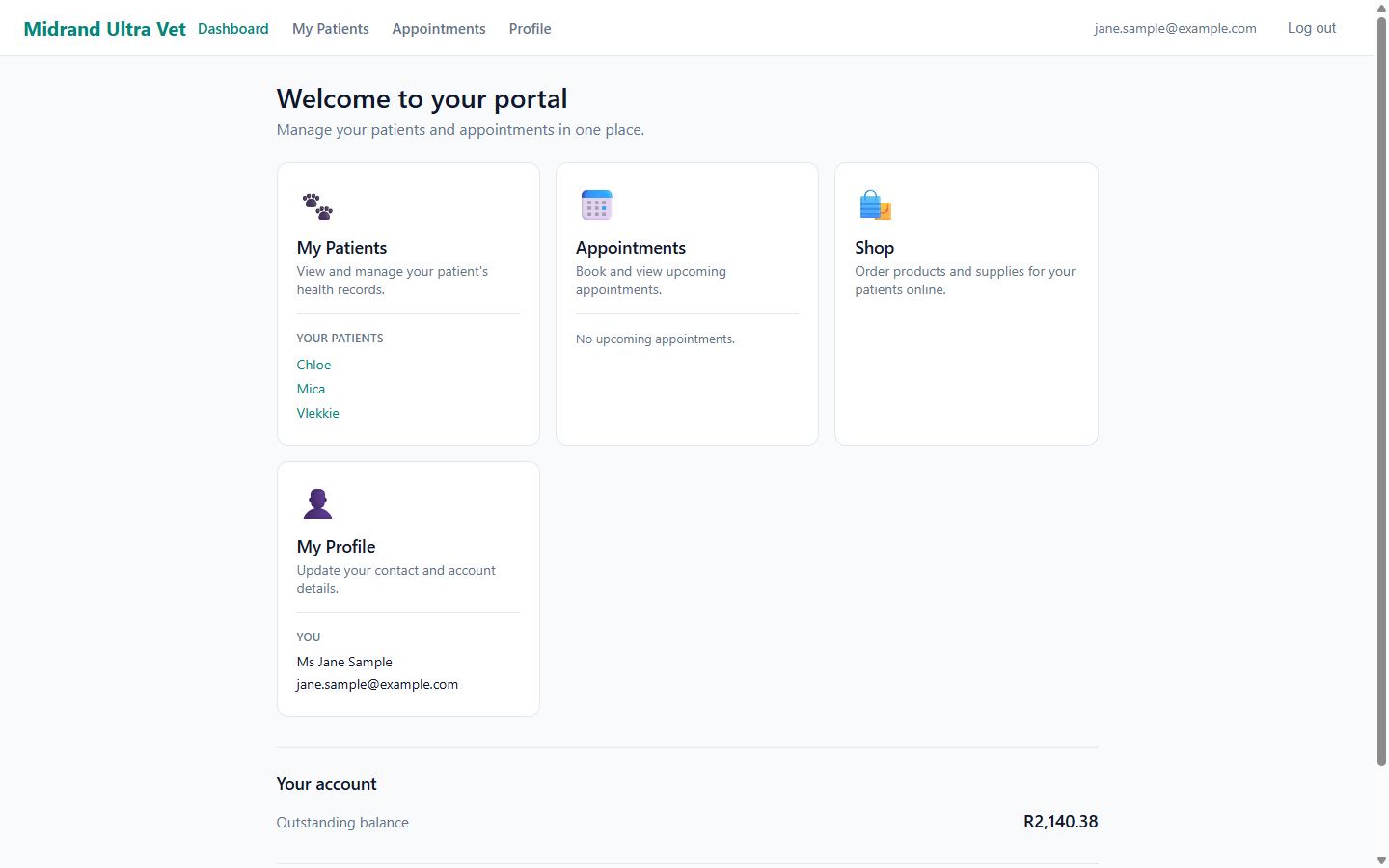 FastVet client portal dashboard with patients, appointments and account balance