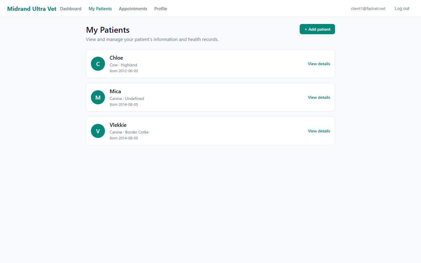 FastVet client portal My Patients list