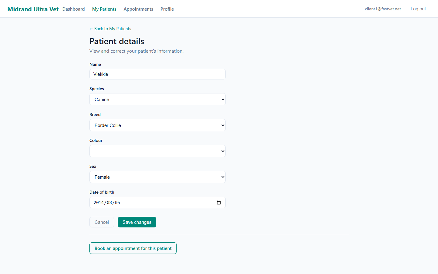 FastVet client portal patient detail with editable pet information
