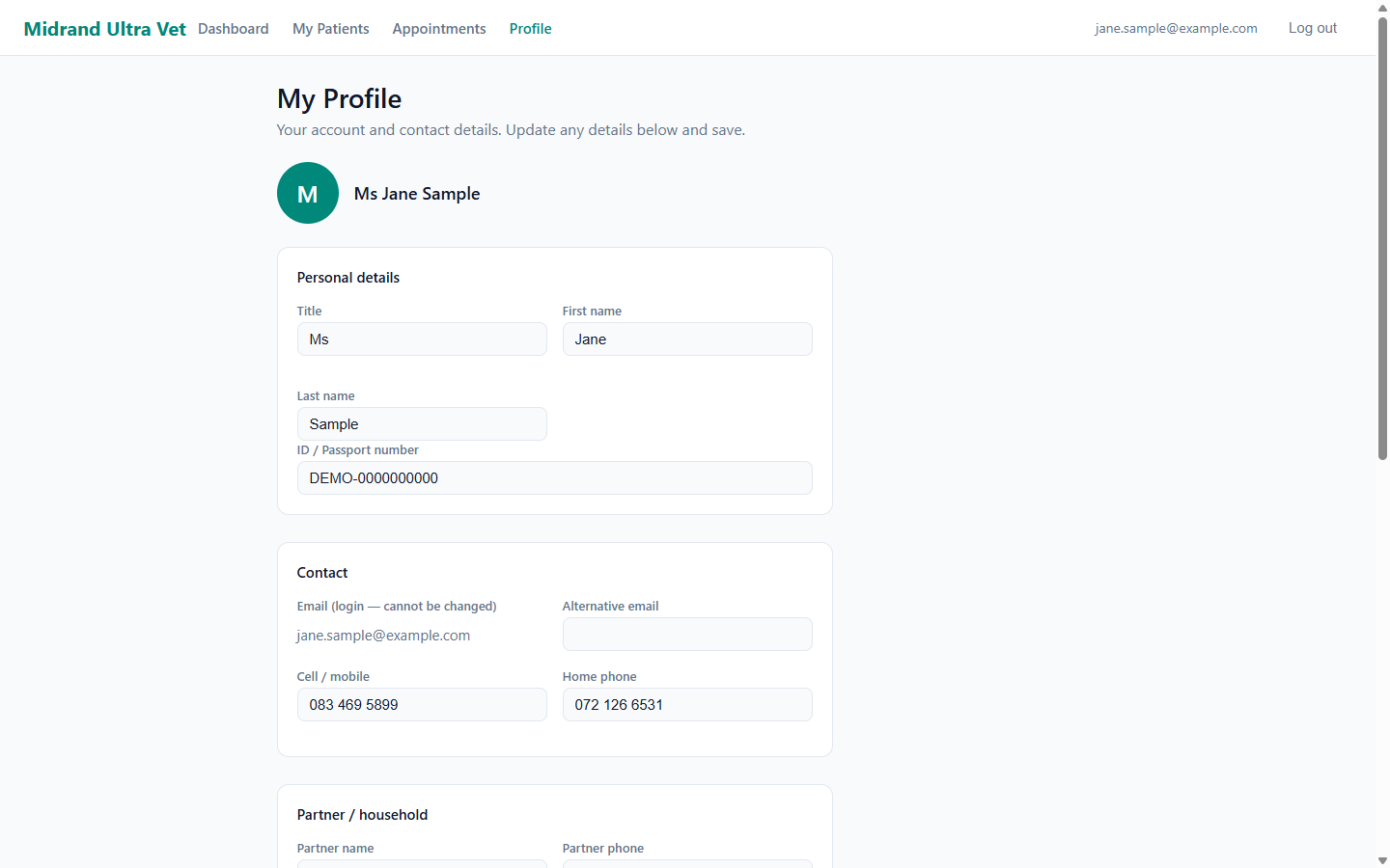 FastVet client portal profile with contact and address details