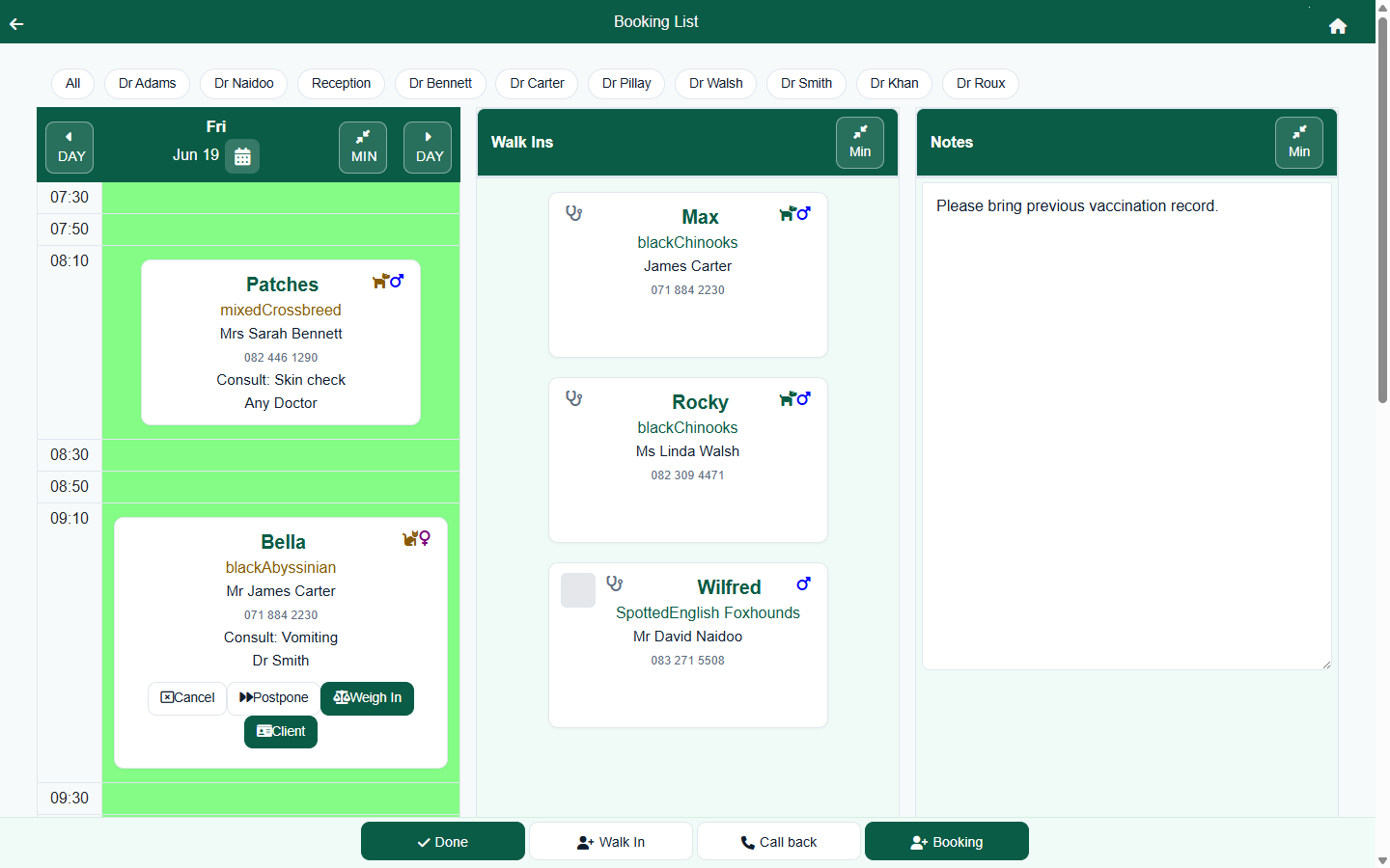 The FastVet booking day view with a column of time slots, a walk-ins panel and a notes panel.
