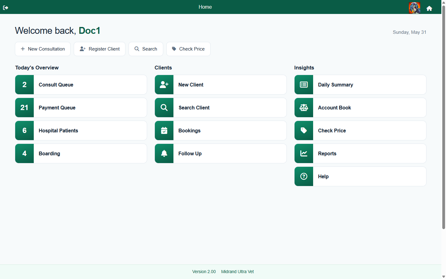 FastVet staff dashboard with today's queues, client actions and reporting shortcuts