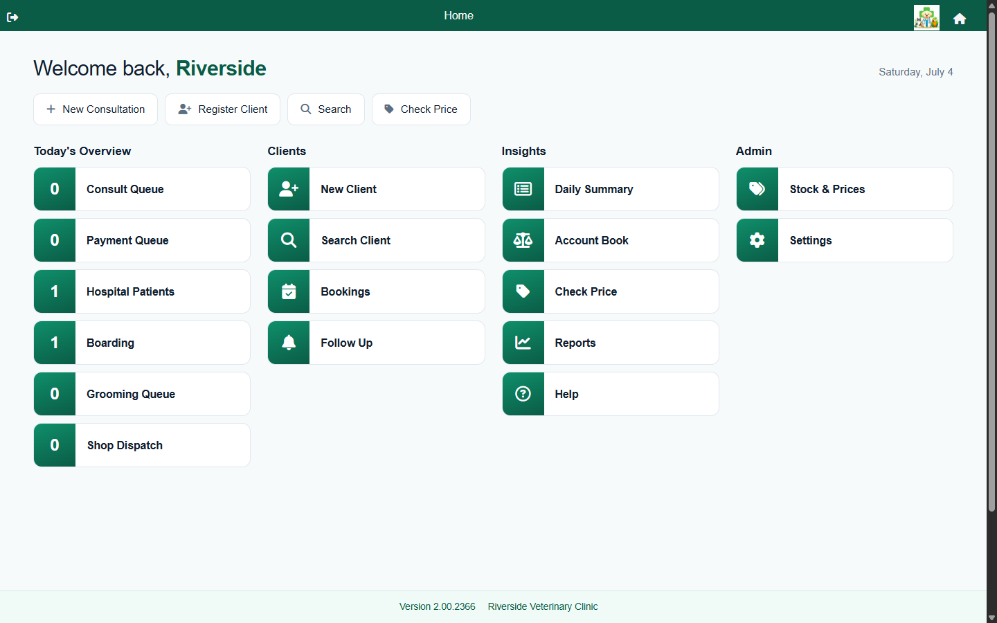 The FastVet dashboard on a desktop browser, laid out in columns.