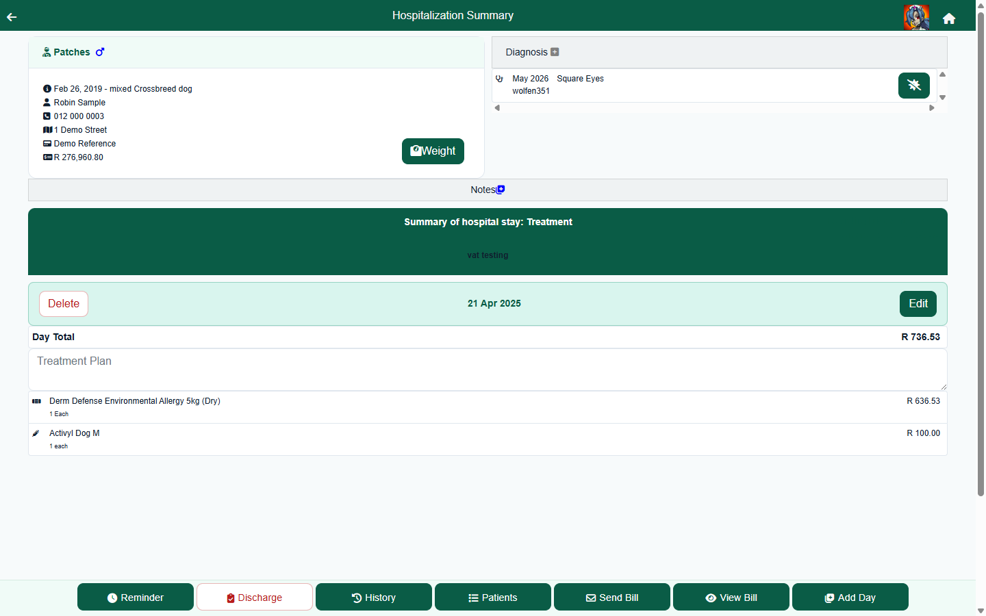 FastVet hospital day record capturing vitals, treatments, materials, procedures and labs