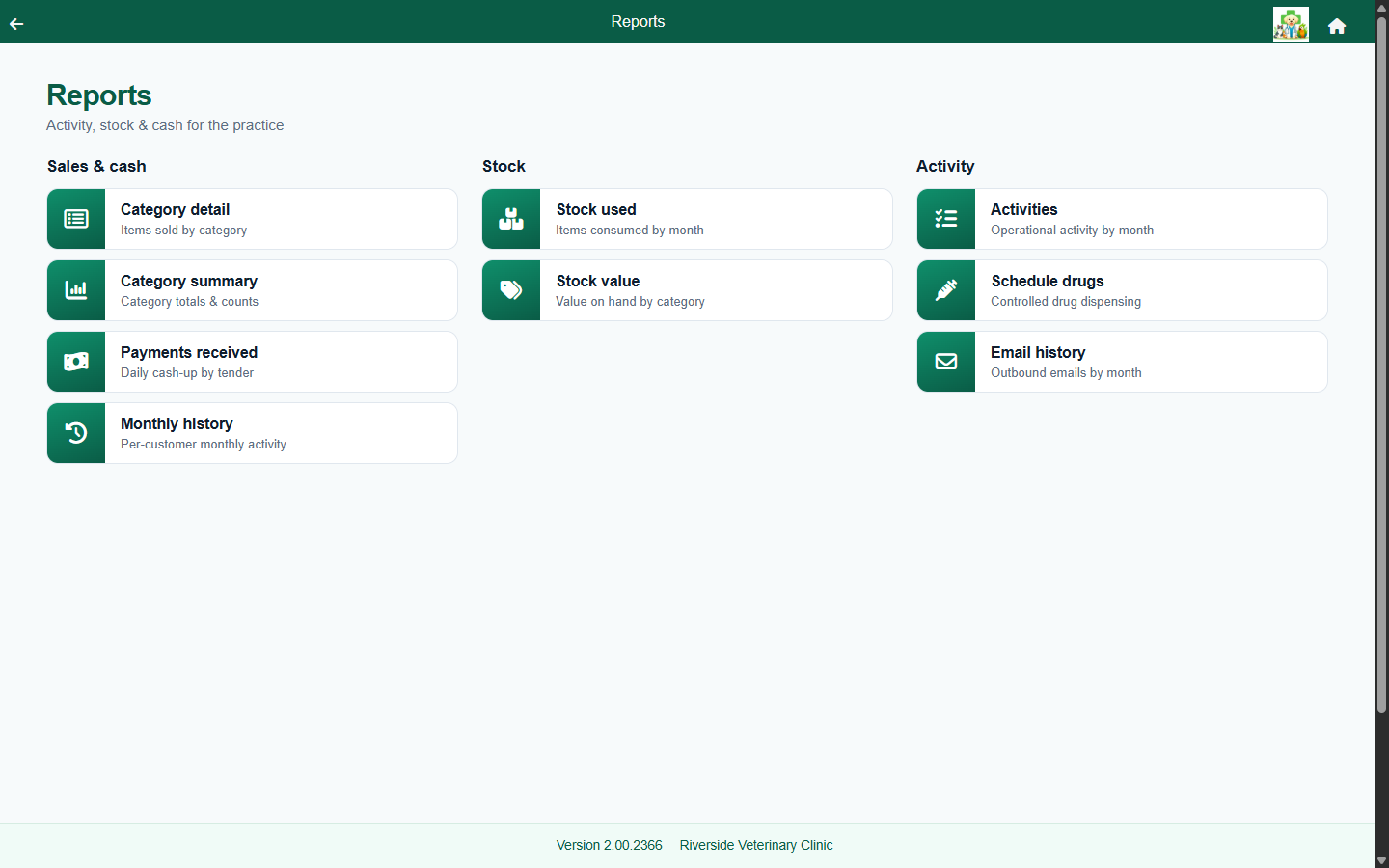 The FastVet reports hub, with reports grouped into Sales & cash, Stock and Activity.