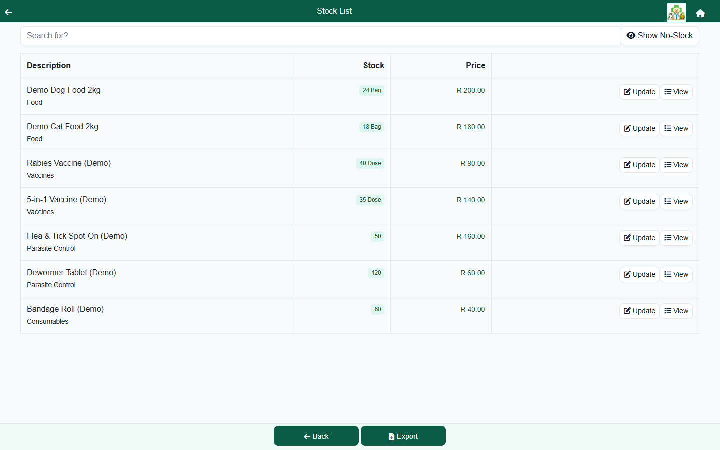 The FastVet stock list showing items with on-hand quantities, stock badges and prices.